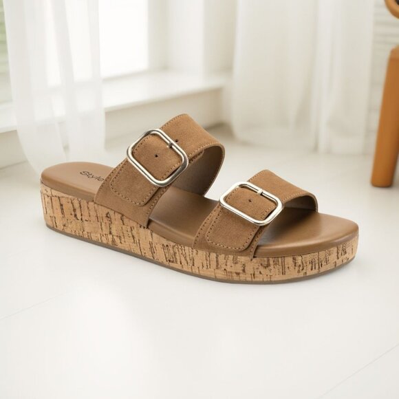 Style & Company Womens Temppestt Slip On Double Buckle Wedge Sandals Chai NIB - Picture 1 of 3